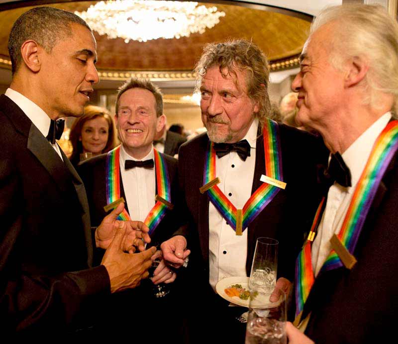 Barack Obama, John Paul Jones, Robert Plant and Jimmy Page.